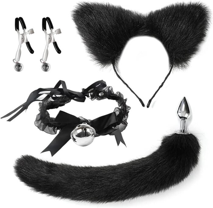 Stainless Steel Anal Butt Plug with Faux Silver Fox Tail Butt Plugs with Cat Ears Headband Anal Sex Toys Couples Lover Flirting Libido Stimulation Toys (Color : Black 4 Pcs Set) - Image 2