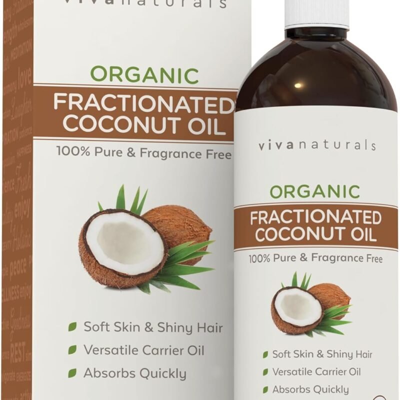 Viva Naturals Organic Fractionated Coconut Oil - Skin & Hair Moisturizer, Relaxing Massage and Body Oil, Carrier Oil for Essential Oils Mixing, Pure Non-Greasy Coconut Oil for Skin and Hair, 16 fl oz