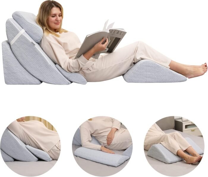 5pcs Orthopedic Bed Wedge Pillow Set, Adjustable Memory Foam, Post Surgery Foam for Back Neck & Leg Pain Relief Support, Acid Reflux, Snoring Reading, Sleeping, Sitting up, Blue - Image 6
