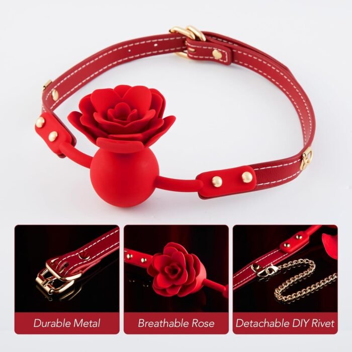 Silicone Rose Mouth Ball Gag - UTIMI Breathable Open Mouth Gag Ball with Removable Nipple Clitoris Clips Adult Bondage Restraints BDSM Sex Toy for Men Women and Couple Foreplay | Red - Image 2