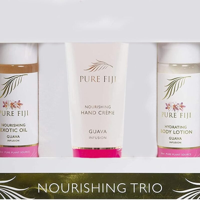 Pure Fiji Nourishing Trio, Ideal Spa Bath Gift Set for Women - Travel Kit - Includes Exotic Body Oil, Hydrating Body Lotion For Women and Nourishing Hand Cream, Guava Scent