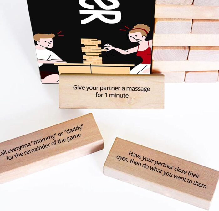 Naughty Tower Stacking Wooden Block Game for Grown Ups – Couple Dare Questions – All Genders & Relationships – Exciting & Pleasing Lust - Couples Date Night Gift - Make Date & Game Night Fun (54 CT) - Image 8