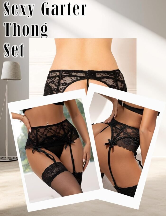 comeondear Eyelash Lace Garter Belts with G-String for Thigh Highs Plus Size Black Garter Lingerie for Women - Image 4