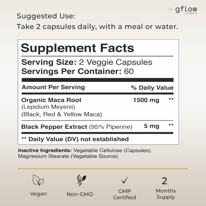 Organic Maca Root Capsules 1500mg - Made with Black, Red, Yellow Peruvian Maca Root Extract & Black Pepper - 120 Vegan Pills - 100% Gelatinized - Supports Energy, Performance & Mood for Men & Women - Image 2