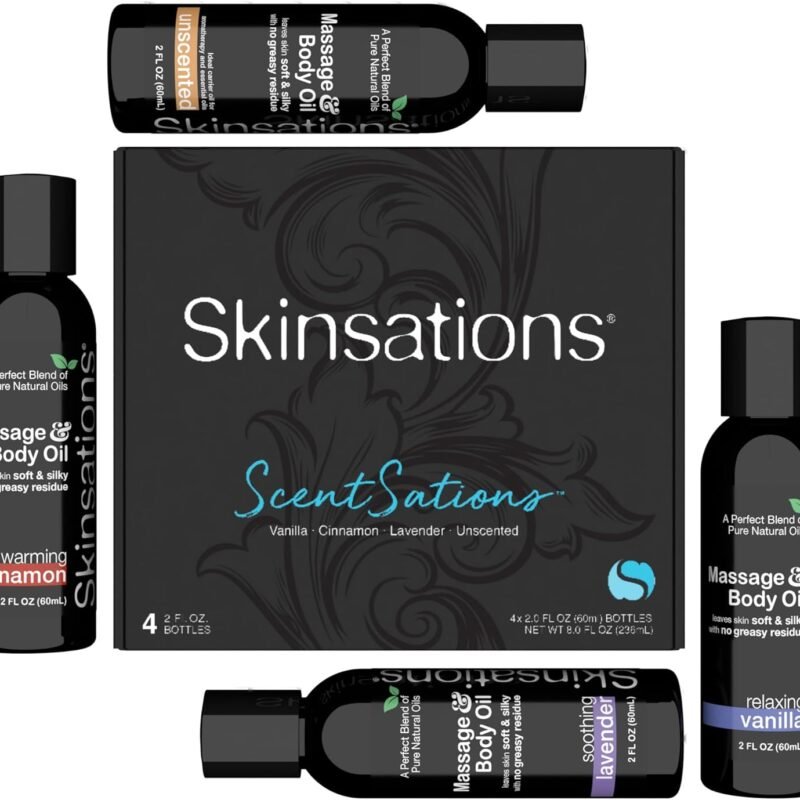 Skinsations - Massage Oil Kit (Set of 4) Natural Scents of Vanilla, Cinnamon, Lavender in a Blend of Sweet Almond Oil, Fractionated Coconut Oil, Grapeseed Oil & Jojoba Oil Body Oil