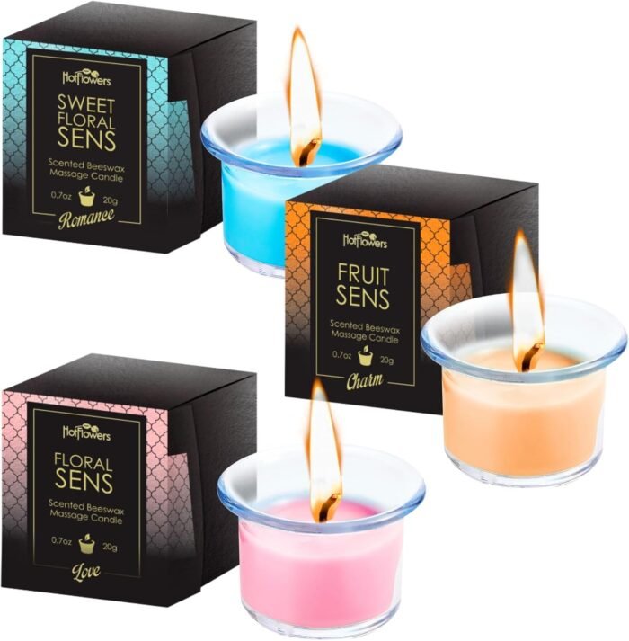 Hot Flowers Beeswax Body Scented Massage Candle Set - Low Heat Oil Warmer - Skin Safe Moisturize - Set of Three 0.7 oz Each - Romance Sweet Floral, Charm Fruit, Love Floral
