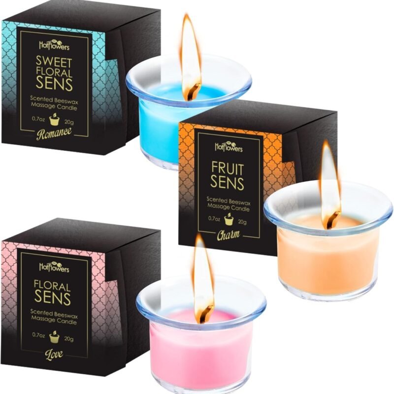 Hot Flowers Beeswax Body Scented Massage Candle Set - Low Heat Oil Warmer - Skin Safe Moisturize - Set of Three 0.7 oz Each - Romance Sweet Floral, Charm Fruit, Love Floral