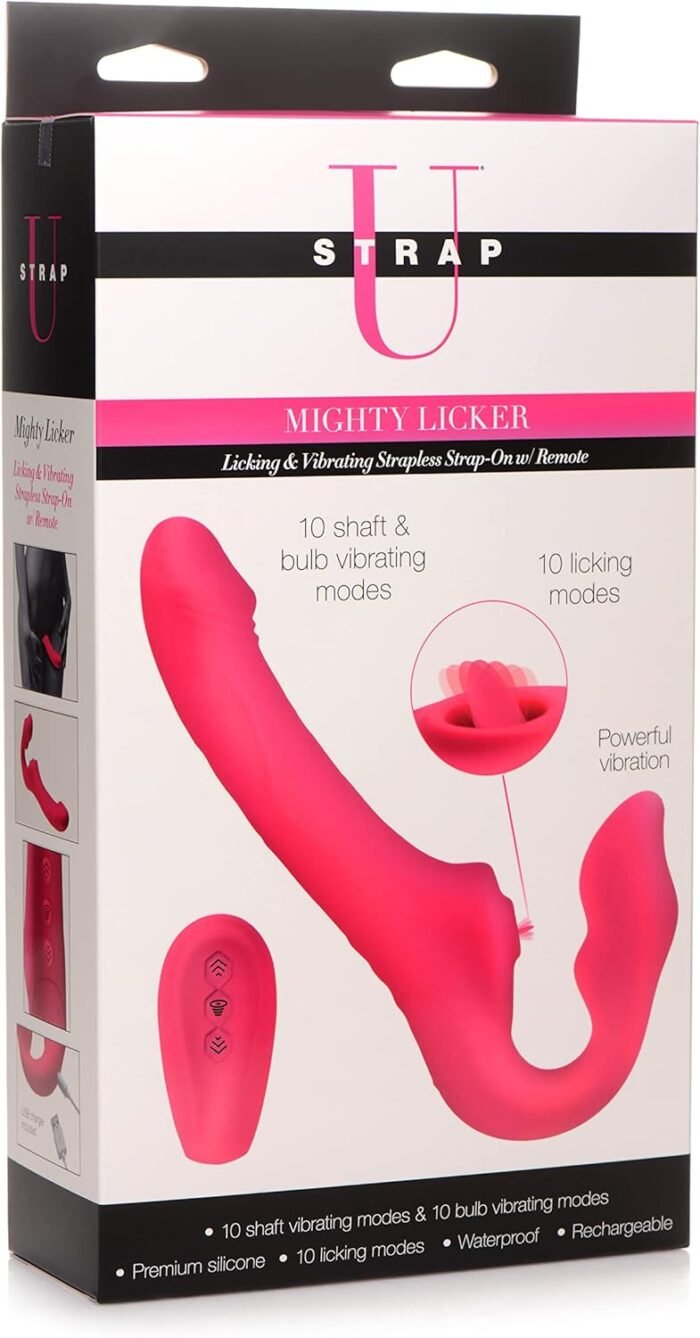 Strap U Mighty Licker 10X Premium Silicone Strapless Dildo with Licking & Vibrating Shaft Remote Control for Pegging Men Women Couples, Rechargeable Sex Massager Vibrator Strapon Toy, Pink, AG906 - Image 6