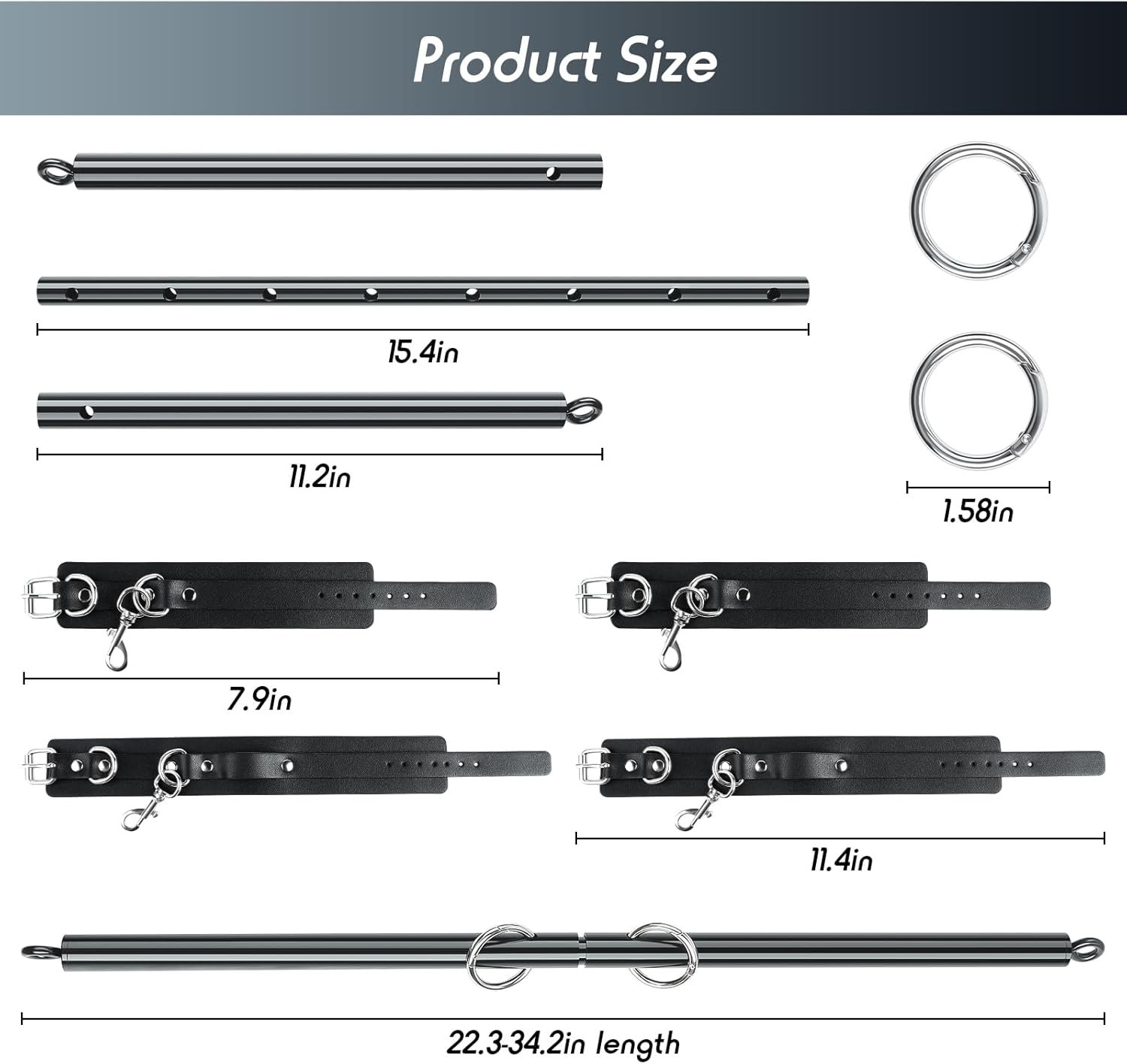 Spreader Bar Bondage Restraints BDSM Kit Couples Sex Toys, Adult Sex Toy with 4 Adjustable Cuffs, Whip & Blindfold, Bondage Gear & Accessories Sex Straps Swing Rope Set for SM Game (Black) - Image 4