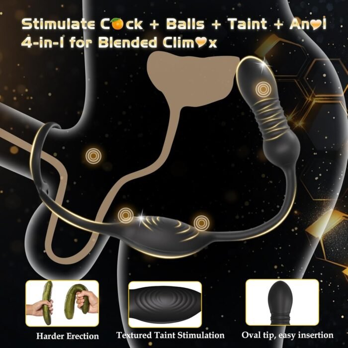 Thrusting Prostate Massager Anal Sex Toy with Vibrating Cock Ring Taint Testicle Stimulator, Remote Control APP Anal Butt Plug Dildo, Penis Ring Vibrator for Men, HNNPY Couples Male Adult Sex Toys - Image 3