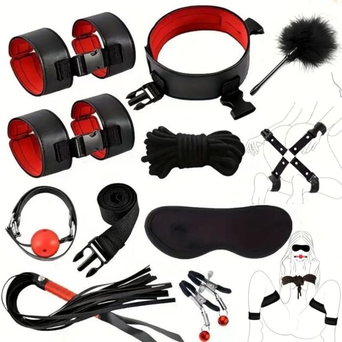 BDSM Kit Sex Bondage Restraints Adult Sex Toys,Upgrade Sex Restraints Set 11PCS Handcuffs Collar Ankle Cuff Blindfold Feather Tickler Gags Sex Rope Adult Games Couple Sex Toys for Women Men (Red) - Image 8
