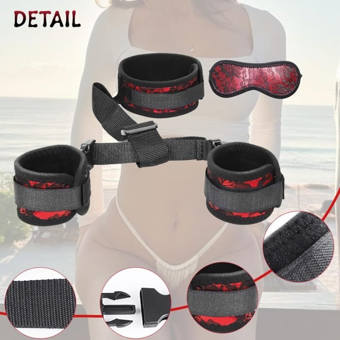 BDSM Neck to Wrist Restraints Bondage Set - Behind Back Handcuffs Collar with Blindfold Adjustable Bondage Set Bed SM Games Play Sex Toys for Couples Red - Image 3