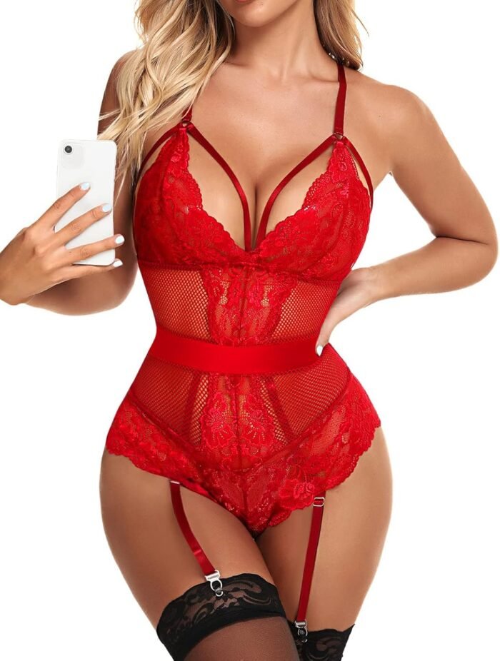 Donnalla Women Lingerie Set with Garter Belt Sexy Lace Bodysuit Fishnet One Piece Teddy (No Stockings) - Image 3