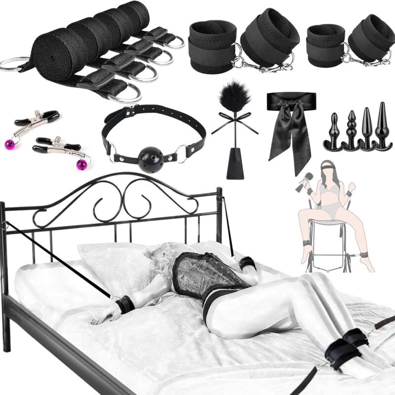 Couples Sex Toys Set, 17 PCS-Adult Toys-with Restraint Straps & Bondage Cuffs & Anal Plug & Nipple Clamps & Feather & Sex Whip & Sex Blindfold, DIY Bondage Restraints SM Games for Couples