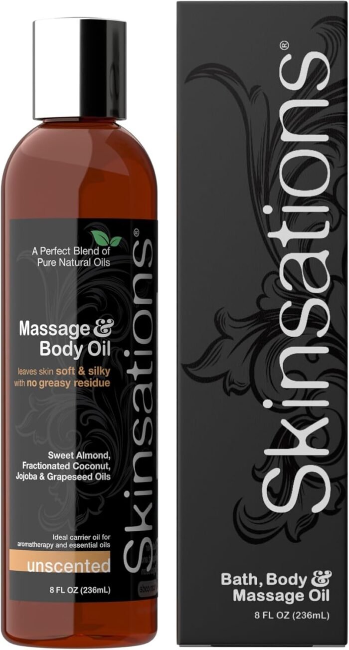 Skinsations - Unscented Massage Oil for Massage Therapy - 8oz | Silky-Soft Blend of Sweet Almond Oil, Fractionated Coconut Oil, Grape Seed and Jojoba | Fragrance-Free Body Oil, Gift Ideas