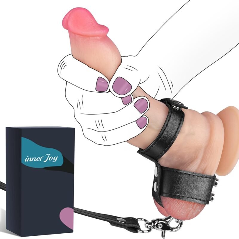 Black Leather Cock Ring Sex Bondage BDSM Testicle Pulling Collar and Leash, Ball Stretcher with Chain Leash, Scrotum Set Reusable Erection Sex Toys for Enhanced Sensual Play and Intimate Exploration