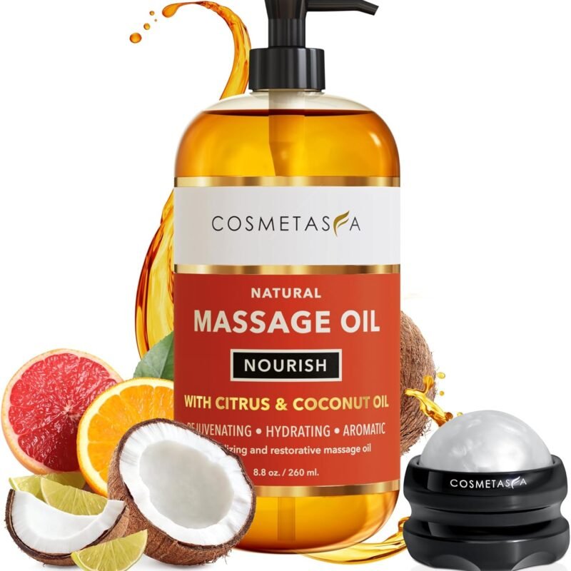 Natural Nourishing Massage Oil with Massage Roller Ball - Therapeutic Citrus & Coconut Massage Oils with Rejuvenating, Hydrating & Aromatic Essential Oils for Dry Skin, Soothes Muscle & Joints 8.8 oz