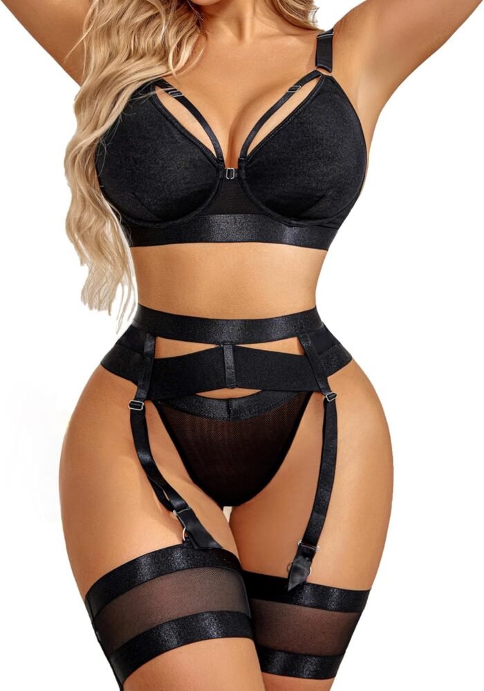 Avidlove Sexy Lingerie for Women with Underwire Strappy Lingerie Push Up 5 Piece Lingerie Set with Garter