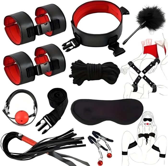 BDSM Kit Sex Bondage Restraints Adult Sex Toys,Upgrade Sex Restraints Set 11PCS Handcuffs Collar Ankle Cuff Blindfold Feather Tickler Gags Sex Rope Adult Games Couple Sex Toys for Women Men (Red)