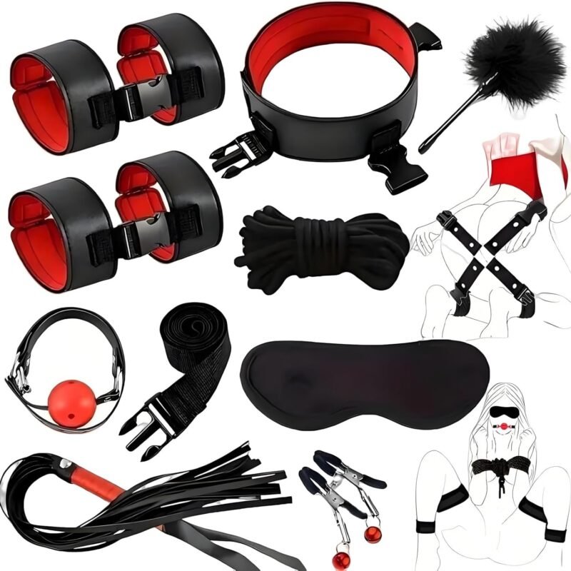 BDSM Kit Sex Bondage Restraints Adult Sex Toys,Upgrade Sex Restraints Set 11PCS Handcuffs Collar Ankle Cuff Blindfold Feather Tickler Gags Sex Rope Adult Games Couple Sex Toys for Women Men (Red)