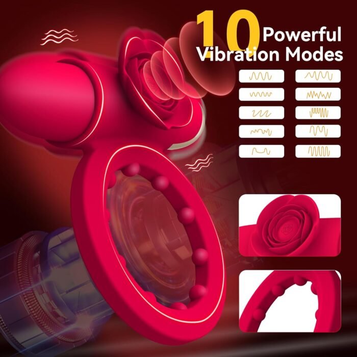 Vibrating Cock Ring with Mini Vibrator, Mikilnqilo Male Sex Toys Penis Vibrator Extender to Enlarge Sleeve Girth, Delay Ejaculation Erection, Rose Clitoral Stimulator for Couples Sex Toy, Red - Image 4