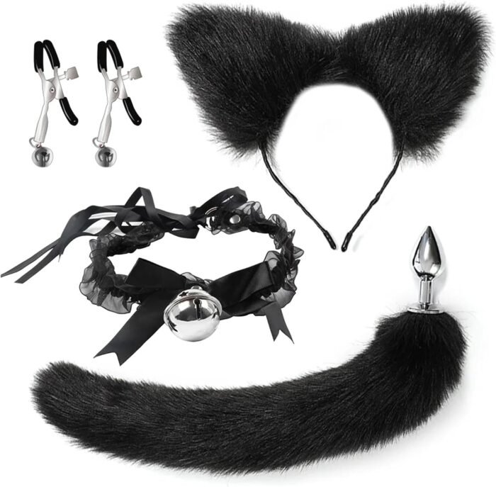 Stainless Steel Anal Butt Plug with Faux Silver Fox Tail Butt Plugs with Cat Ears Headband Anal Sex Toys Couples Lover Flirting Libido Stimulation Toys (Color : Black 4 Pcs Set)
