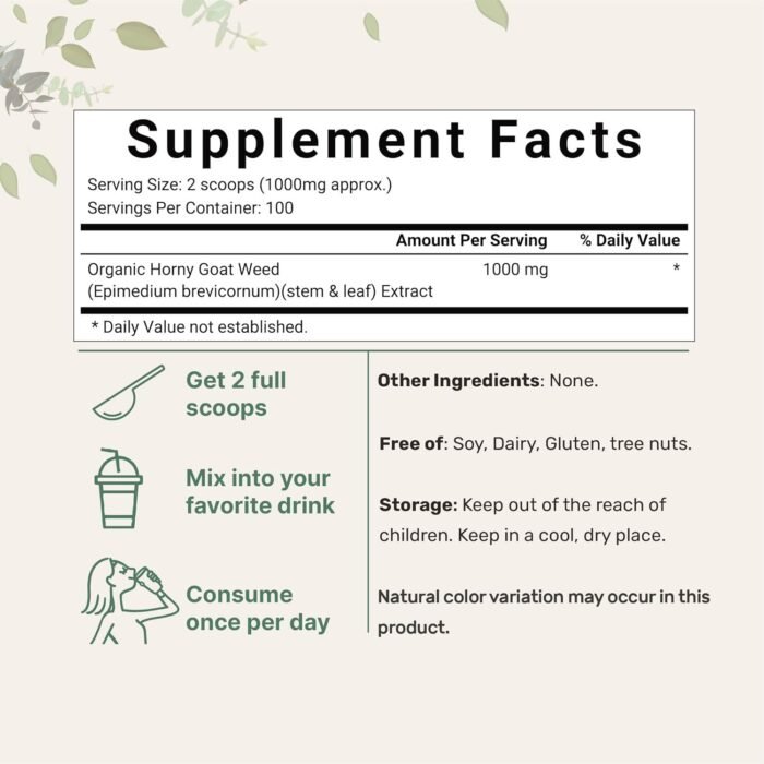 Maximum Strength Organic Pure Horny Goat Weed with Active Icariins for Men and Women, 100 Grams, Organic Epimedium Powder for Energy and Immune System Booster, Filler Free and Vegan Friendly - Image 2