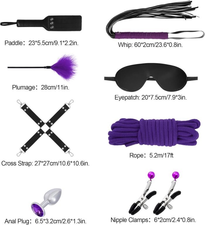 Rbenxia 12 PCS Sex Bondage BDSM Restraints Kits Fetish Handcuffs Ankle Cuff Collar Blindfold Whip Rope Nipple Clamps Paddle Anal Toys Ball Gag Adult Games Foreplay Sexy Toys Couples (Purple & Black) - Image 2
