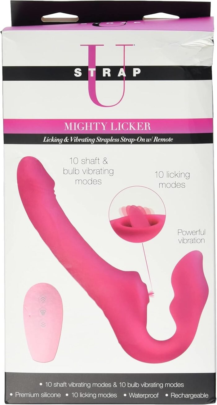 Strap U Mighty Licker 10X Premium Silicone Strapless Dildo with Licking & Vibrating Shaft Remote Control for Pegging Men Women Couples, Rechargeable Sex Massager Vibrator Strapon Toy, Pink, AG906 - Image 3