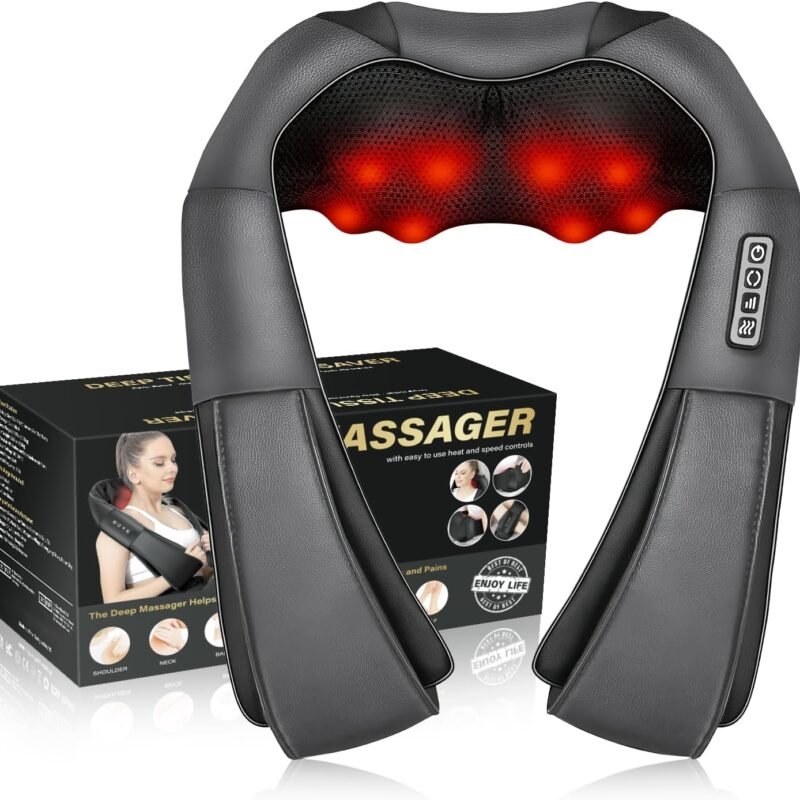 Shiatsu Neck Massager, Electric Neck and Back Massager with Heat, 3D Kneading Massage Pillow for Neck, Back, Shoulder, Muscle Pain Relief, Office & Home & Car Use, Fits for Parents (Gray-button)
