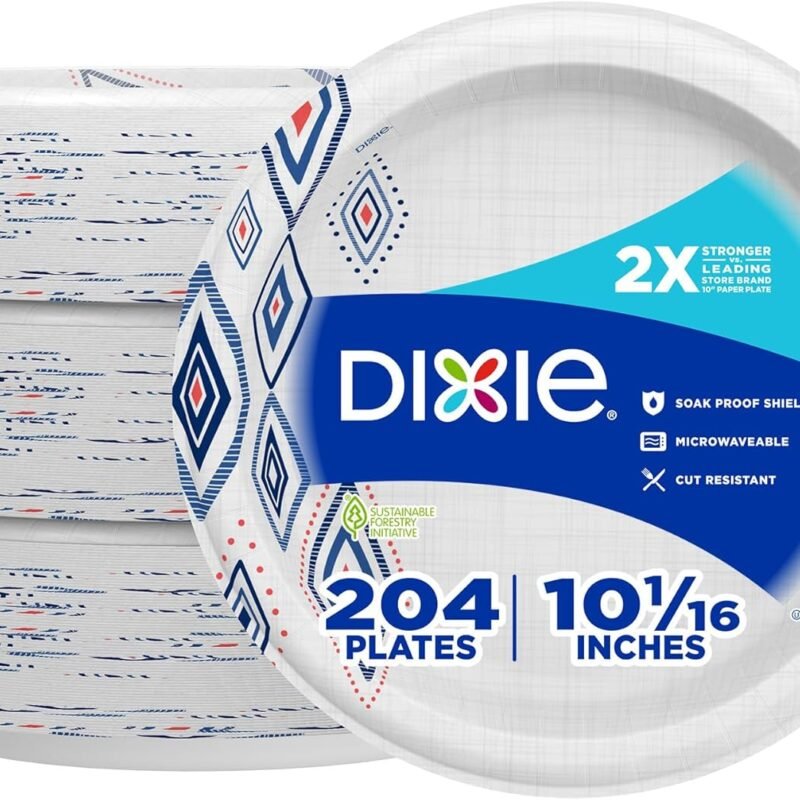 Dixie Large Paper Plates, 10 Inch, 204 Count, 2X Stronger*, Microwave-Safe, Soak-Proof, Cut Resistant, Disposable Plates For Everyday Breakfast, Lunch, & Dinner Meals