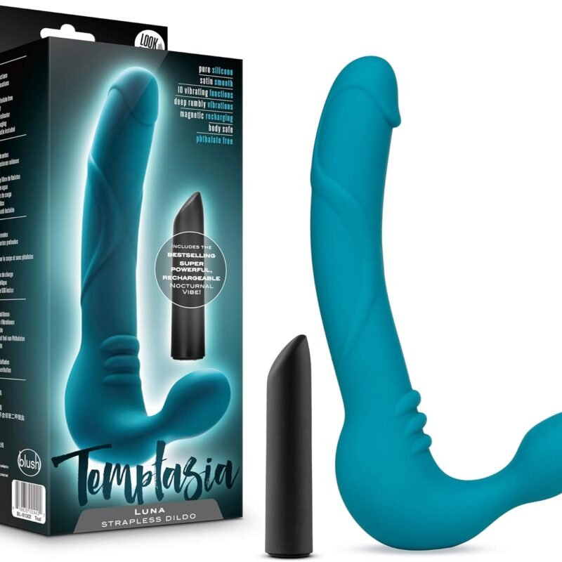 Blush Novelties Temptasia Luna Strapless Strap On Silicone Dildo, Double Ended Vibrating Dildo, Sex Toys for Women, Teal