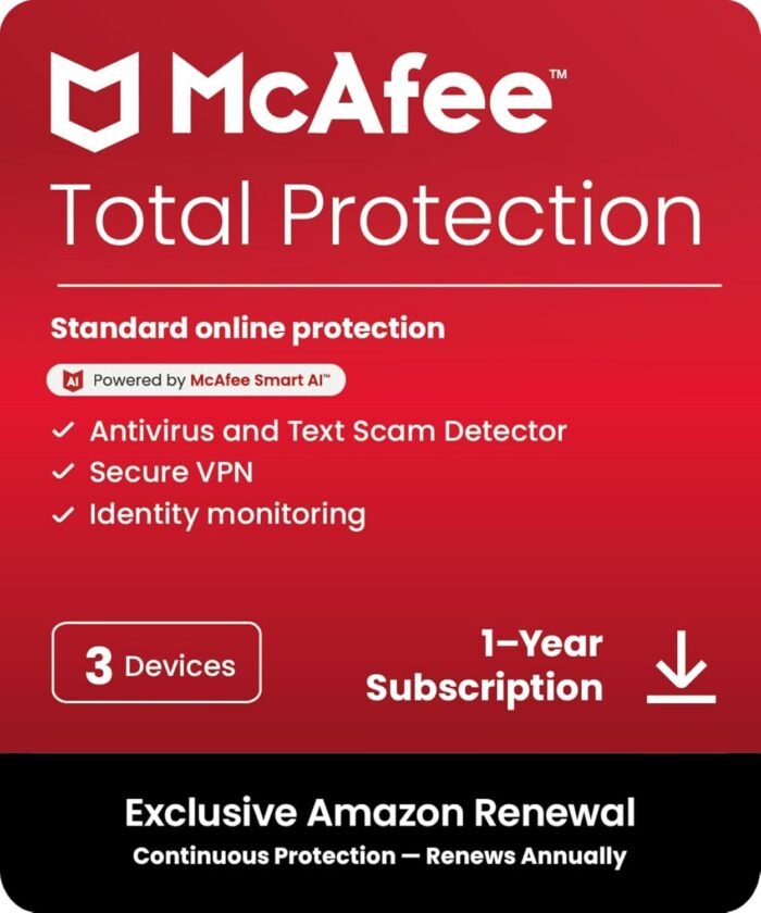 McAfee Total Protection 3-Device 2025 Ready |Security Software Includes Antivirus, Secure VPN, Password Manager, Identity Monitoring | 1 Year Subscription with Auto Renewal