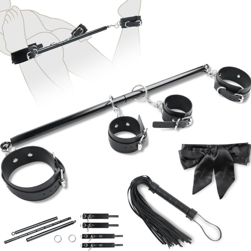 Spreader Bar Bondage Restraints BDSM Kit Couples Sex Toys, Adult Sex Toy with 4 Adjustable Cuffs, Whip & Blindfold, Bondage Gear & Accessories Sex Straps Swing Rope Set for SM Game (Black)