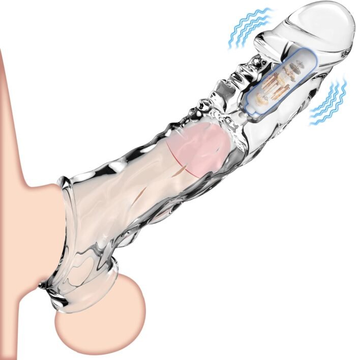 Reusable Penis Sleeve with Vibrator Penis Ring,3.6 inch Clear Penis Sleeve Cock Ring Extender Ultra-Soft Penis Enlarger for Couples Vibrating Dildo for Cock Enlarger Sex Toys for Men