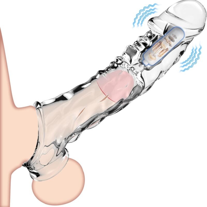 Reusable Penis Sleeve with Vibrator Penis Ring,3.6 inch Clear Penis Sleeve Cock Ring Extender Ultra-Soft Penis Enlarger for Couples Vibrating Dildo for Cock Enlarger Sex Toys for Men