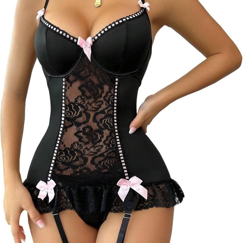 Lilosy Sexy Bows Lace Babydoll Lingerie Set with Panty