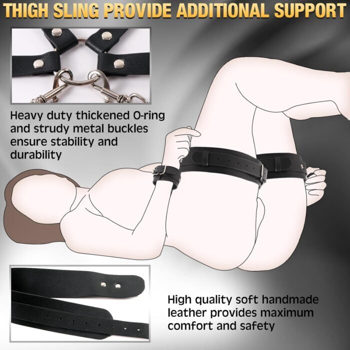 BDSM Sex Bondage Breast Restraints Thigh Sling, Leather Neck to Thigh Chest Restraints Harness Bed Restraints, Wrist & Thigh Cuffs Kinky Lingerie Bra, SM Games Sex Toys for Women & Couples (Black) - Image 7
