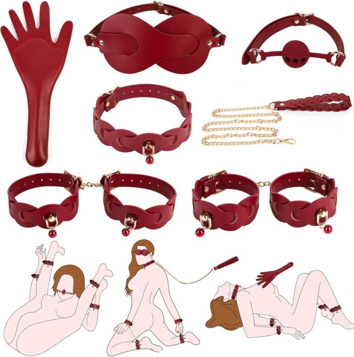 Sex Bondage BDSM Kit Restraints Upgrade 9PCS Sets with Adjustable Handcuffs Collar Ankle Cuff Blindfold Mouth Ball Gag Whip SM Games Sex Toys for Men Women and Couples Foreplay