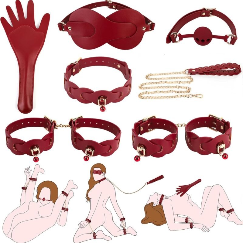 Sex Bondage BDSM Kit Restraints Upgrade 9PCS Sets with Adjustable Handcuffs Collar Ankle Cuff Blindfold Mouth Ball Gag Whip SM Games Sex Toys for Men Women and Couples Foreplay