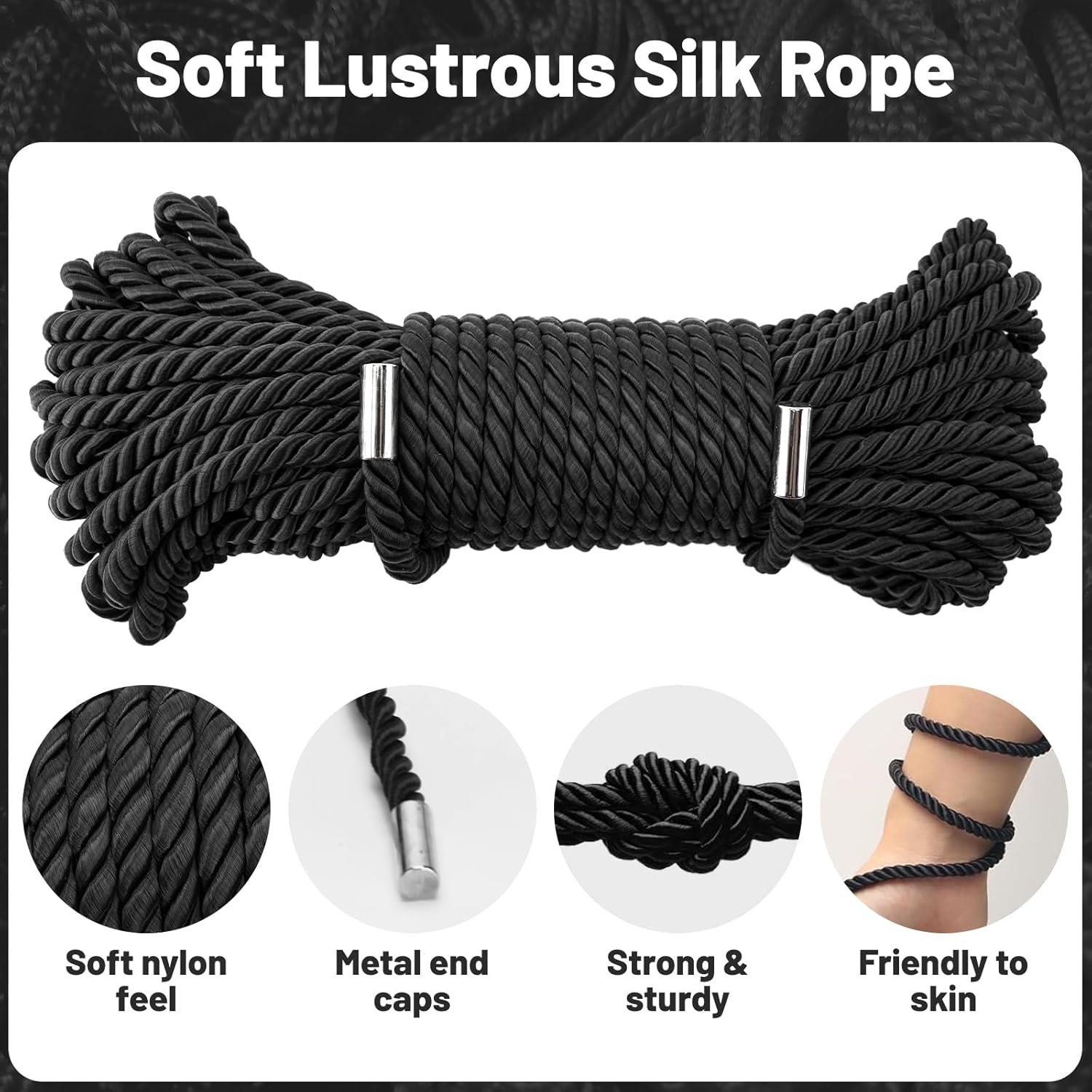 KINGLAKE Soft Silk Rope,8MM Black Rope,50 Feet Skin Friendly Soft Nylon Rope,Long Satin Silk Cord,Thick Silk Rope,Twisted Braided Rope Cord for Crafts Decoration Hanging Clotheslines Camping Outdoor - Image 3