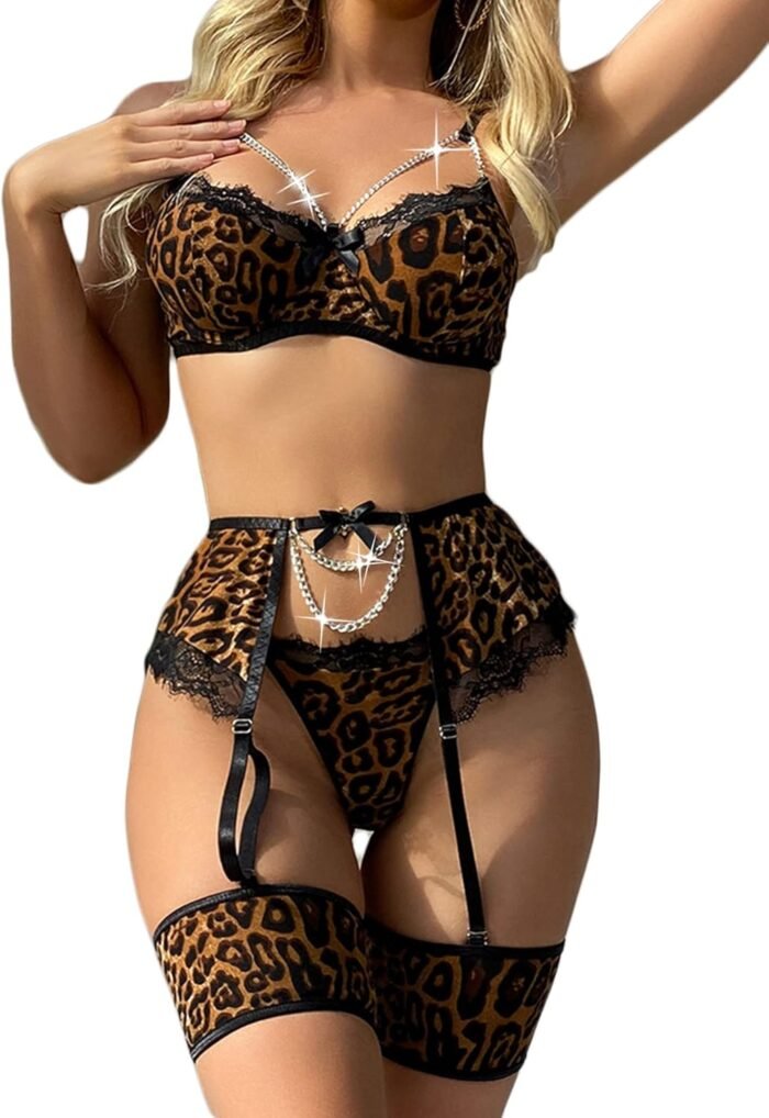 Avidlove Sexy Lingerie Set for Women Sexy Fishnet Lingerie Lace Underwire 4 Piece Sets Chain Bra