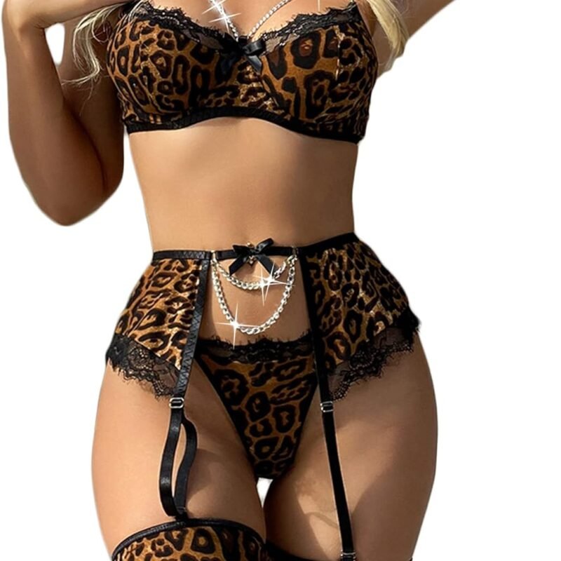 Avidlove Sexy Lingerie Set for Women Sexy Fishnet Lingerie Lace Underwire 4 Piece Sets Chain Bra