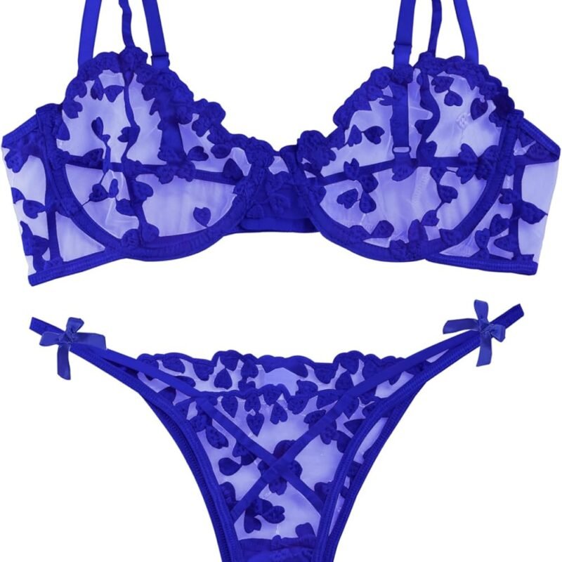 Lilosy Sexy Underwire Cute Push Up Strappy Embroidered Mesh Sheer Lingerie Set See Through Panty Bra