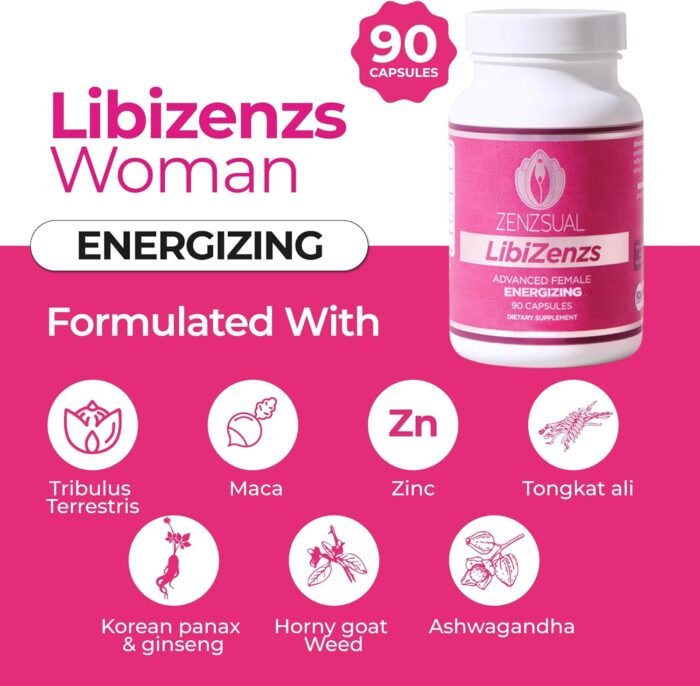 ZENZSUAL Libizenzs – Energy Supplement for Women Caffeine Free – Natural Blend with Ginseng, Maca Root, Ashwagandha - Increases Energy, Natural Stress Relief, Focus and Vitality (90 Capsules) - Image 2