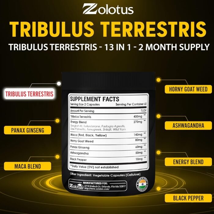 Zolotus 13in1 Tribulus Terrestris Capsules with Maca, Horny Goat Weed, Panax Ginseng, Saw Palmetto, Tongkat Ali, Shilajit & More - Energy, Stamina Supplement for Men & Women - 120 Counts - Image 6