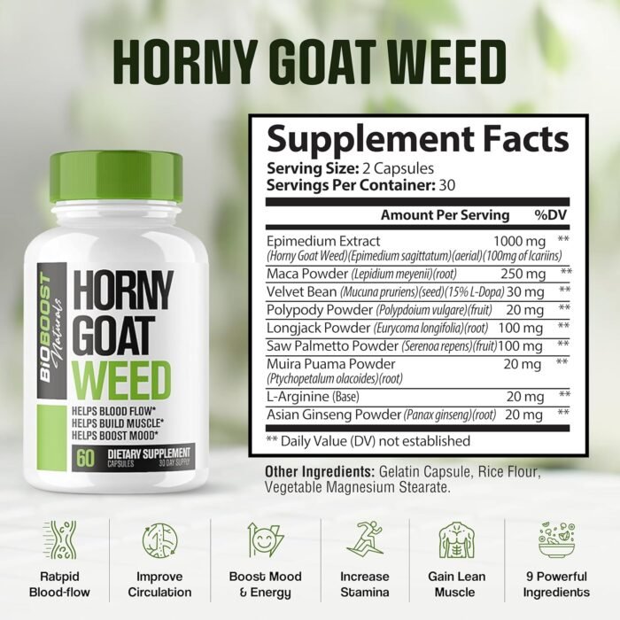BioBoost | 9 in 1 Horny Goat Weed Pills for Men Fast Acting | Extreme Blood-Flow, Stamina, Performance | 9 Research Backed Ingredients for Men's Health - 60 Pills - Image 3