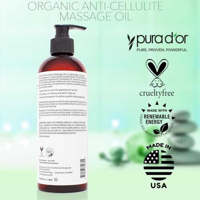 PURA D'OR 16 Oz Organic Anti-Cellulite Massage Oil for Toned Legs and Butt - Lemon Peel Oil, Moringa Oil, Grape Seed Oil, Grapefruit Oil & Eucalyptus Oil - Skin Firming & Tightening - Image 7
