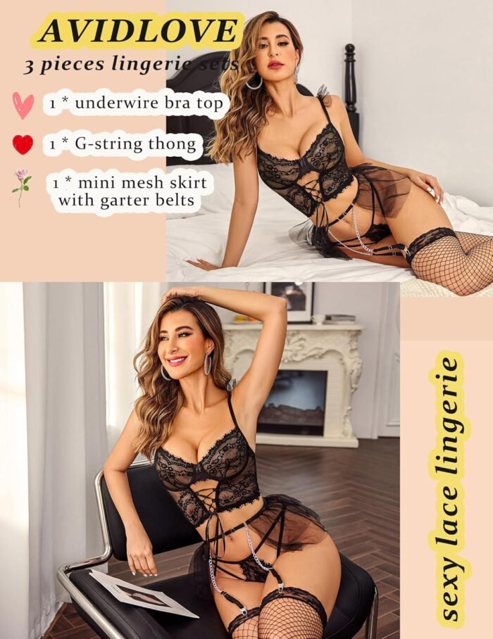 Avidlove Lingerie Sets Womens Garter Sets 3 Piece Underwire Sexy Bra and Panty Sets With Mesh Mini Skirts S-XXL - Image 4