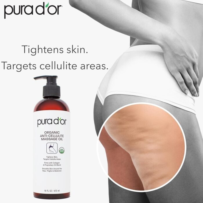PURA D'OR 16 Oz Organic Anti-Cellulite Massage Oil for Toned Legs and Butt - Lemon Peel Oil, Moringa Oil, Grape Seed Oil, Grapefruit Oil & Eucalyptus Oil - Skin Firming & Tightening - Image 4